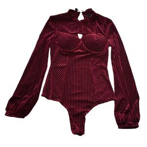 Lulus Sweetheart Cutout Long Sleeve Velvet Bodysuit Burgundy Womens Small